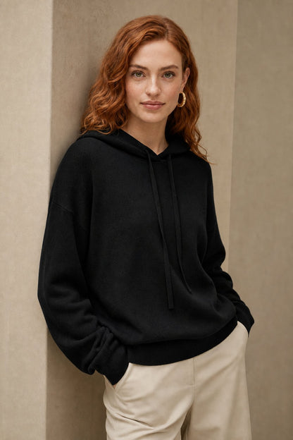 Women's Cashmere-Blend Relaxed Fit Hoodie Sweater – Close-up of hood and neckline detail on cashmere-blend hoodie
