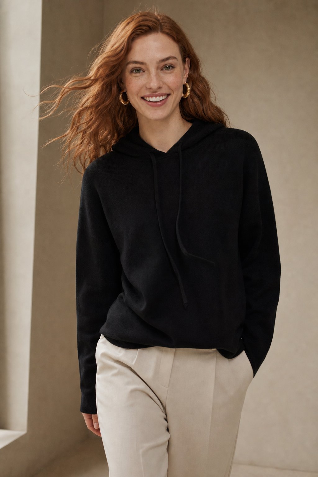 Women's Cashmere-Blend Relaxed Fit Hoodie Sweater – Full-length view of relaxed fit silhouette on women's hoodie sweater