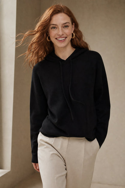 Women's Cashmere-Blend Relaxed Fit Hoodie Sweater – Full-length view of relaxed fit silhouette on women's hoodie sweater