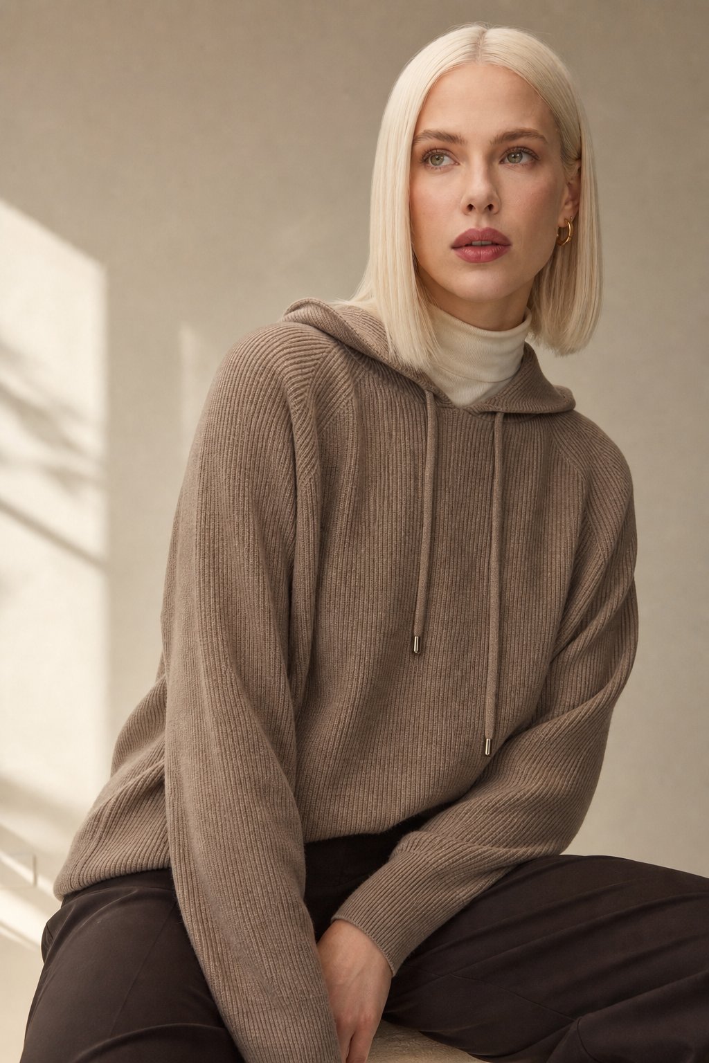 Women's Cashmere-Blend Relaxed Fit Hoodie Sweater – Back view of women's white cashmere-blend hoodie sweater