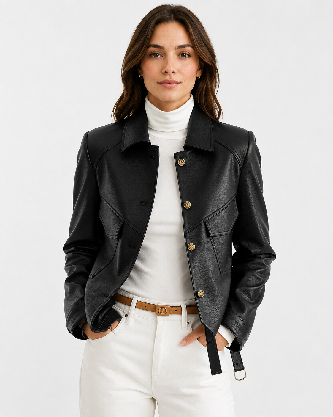 Women's Classic Leather Jacket with Slim Waist