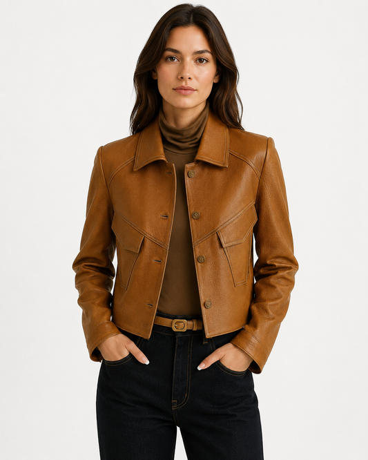 Women's Classic Leather Jacket with Slim Waist