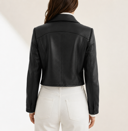 Women's Classic Leather Jacket with Slim Waist