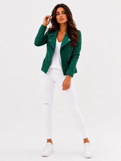 Women's Faux Leather Jacket with Turn-Down Collar