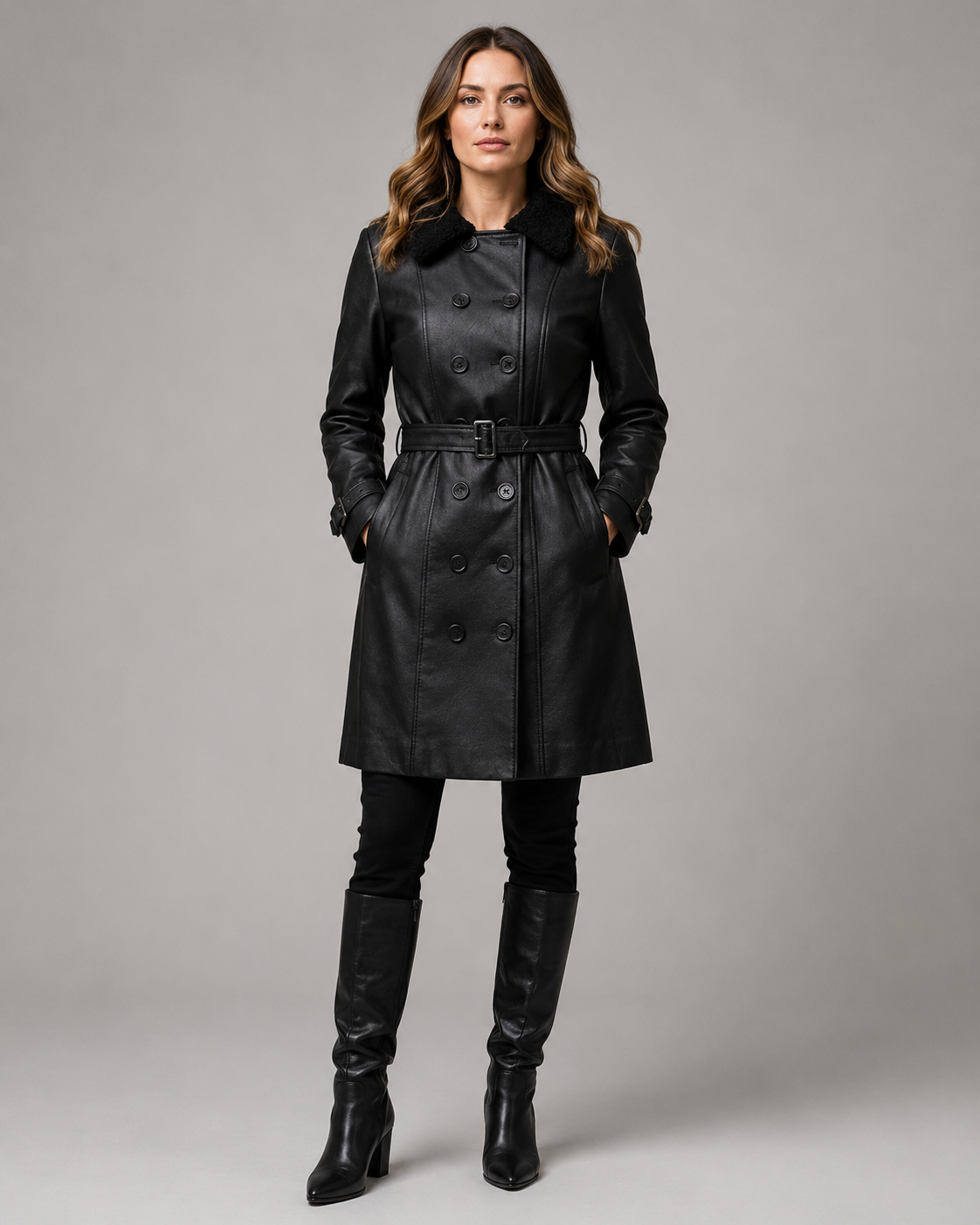 Women's Handmade Vegan Leather Belted Coat