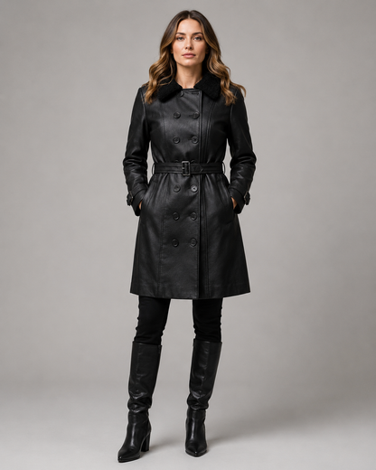 Women's Handmade Vegan Leather Belted Coat