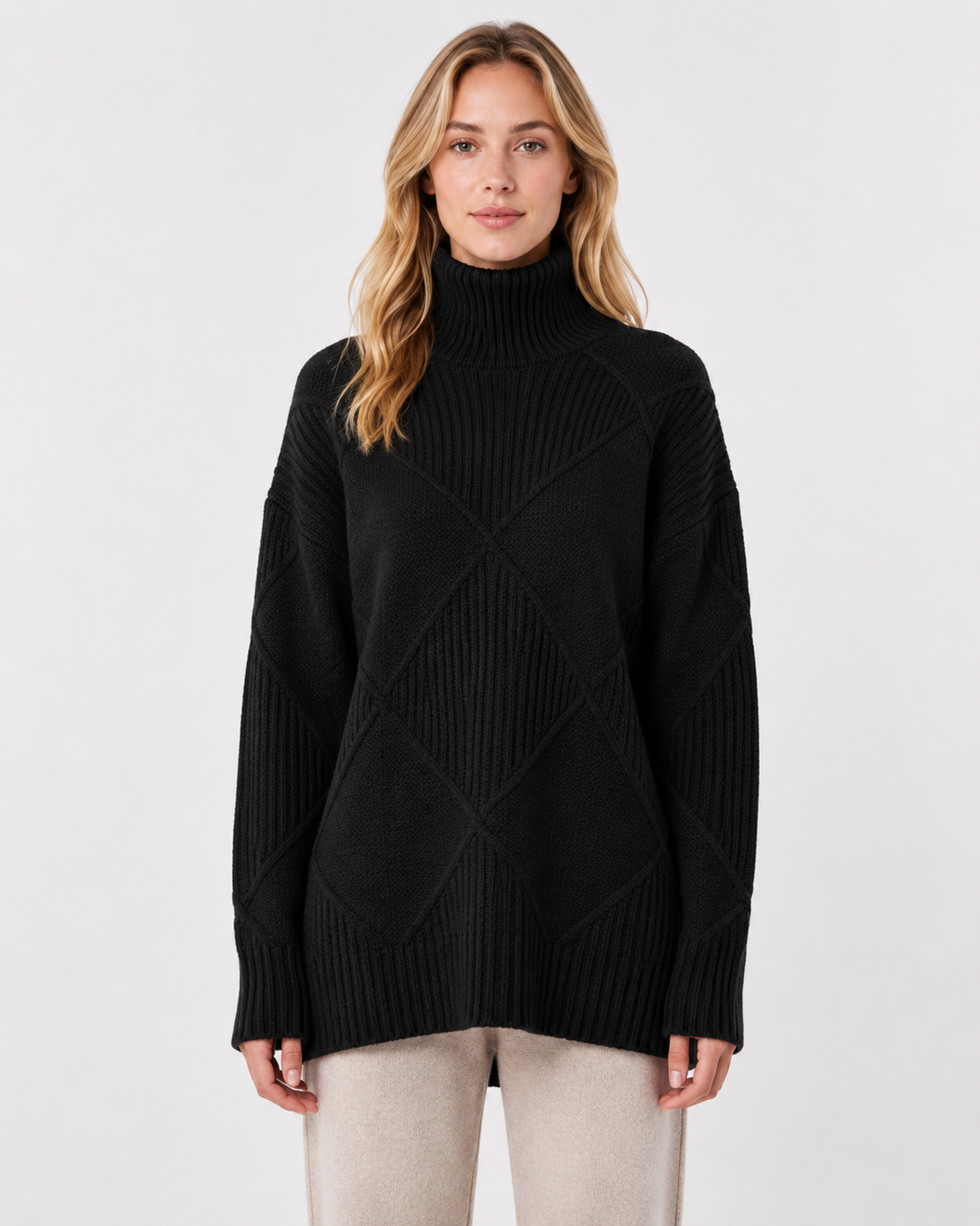 Women's Knit Merino Wool Blend Diamond Pattern Sweater