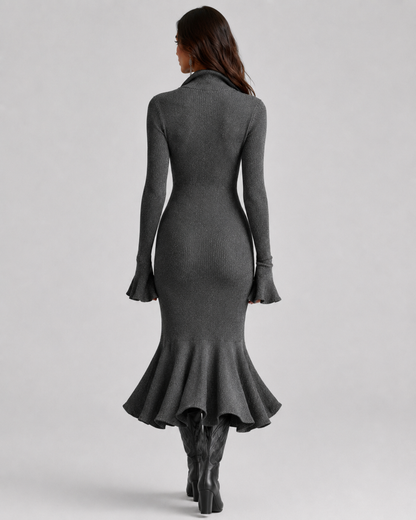 Women's Knit Sweater Dress with Zip Collar & Flared Hem