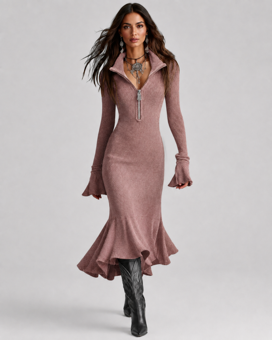 Women's Knit Sweater Dress with Zip Collar & Flared Hem