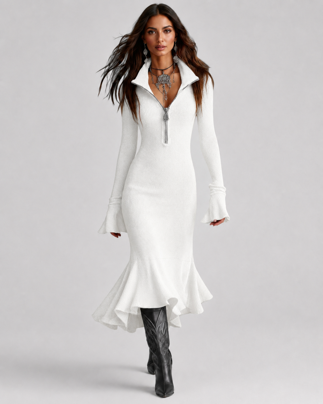 Women's Knit Sweater Dress with Zip Collar & Flared Hem