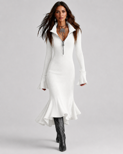 Women's Knit Sweater Dress with Zip Collar & Flared Hem