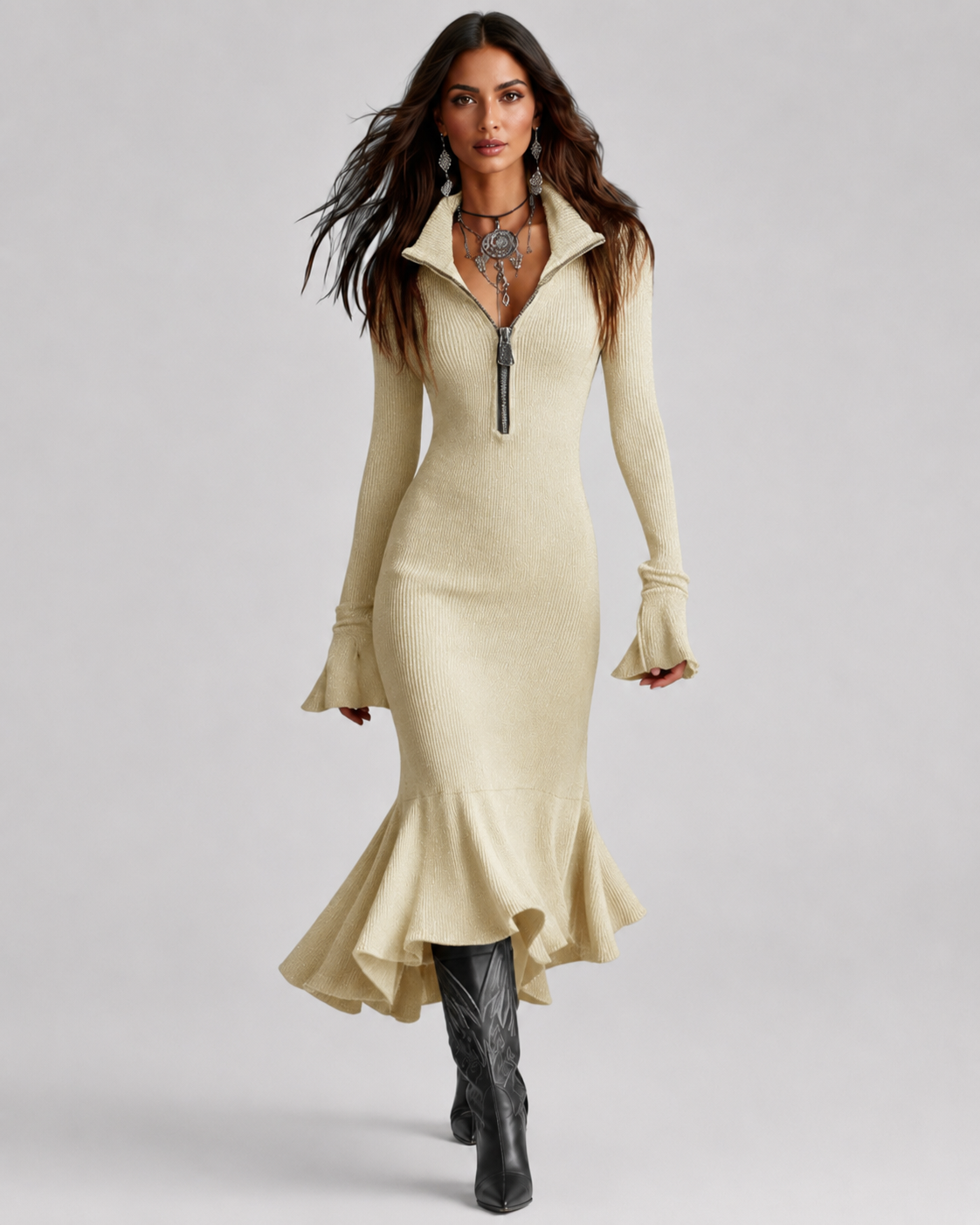 Women's Knit Sweater Dress with Zip Collar & Flared Hem