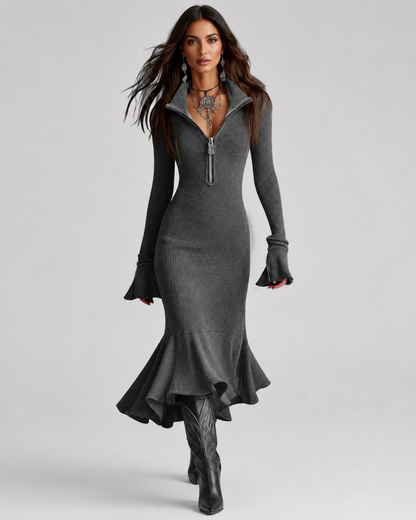 Women's Knit Sweater Dress with Zip Collar & Flared Hem