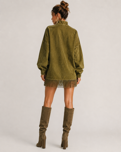 Women's Knit Sweater Mini Dress with Fringe Hem