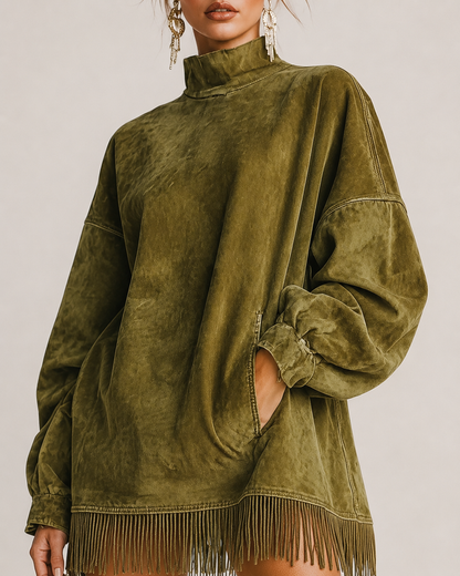 Women's Knit Sweater Mini Dress with Fringe Hem
