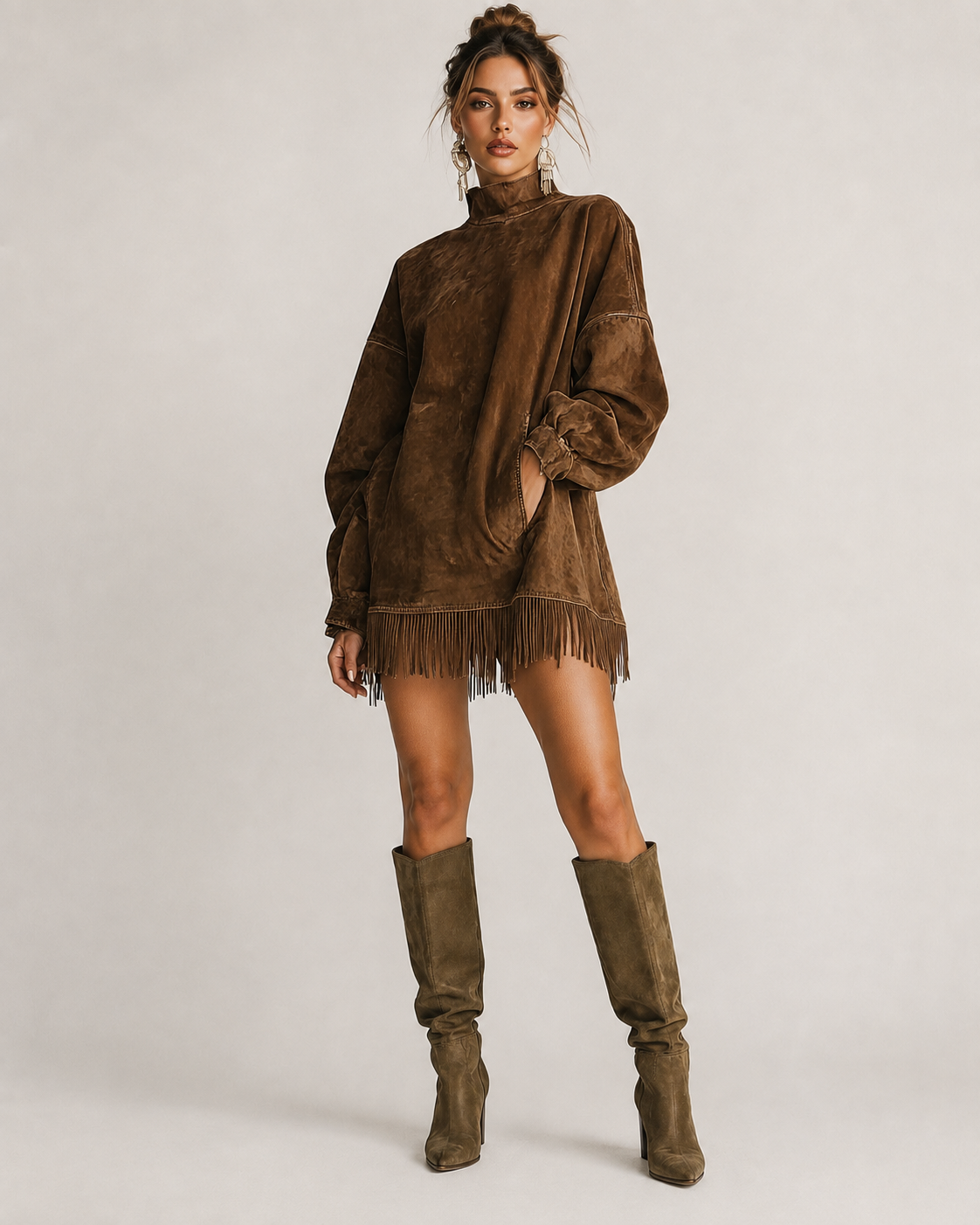 Women's Knit Sweater Mini Dress with Fringe Hem
