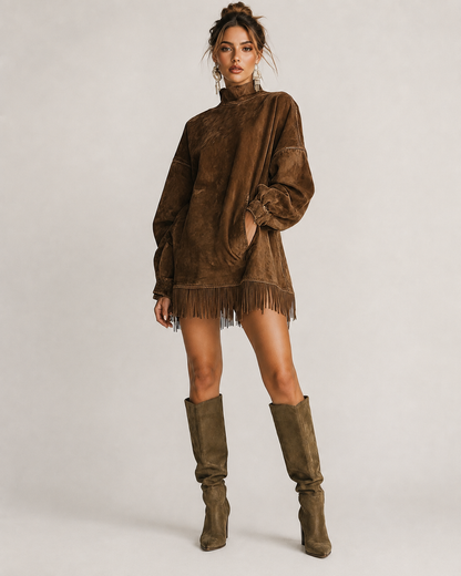 Women's Knit Sweater Mini Dress with Fringe Hem