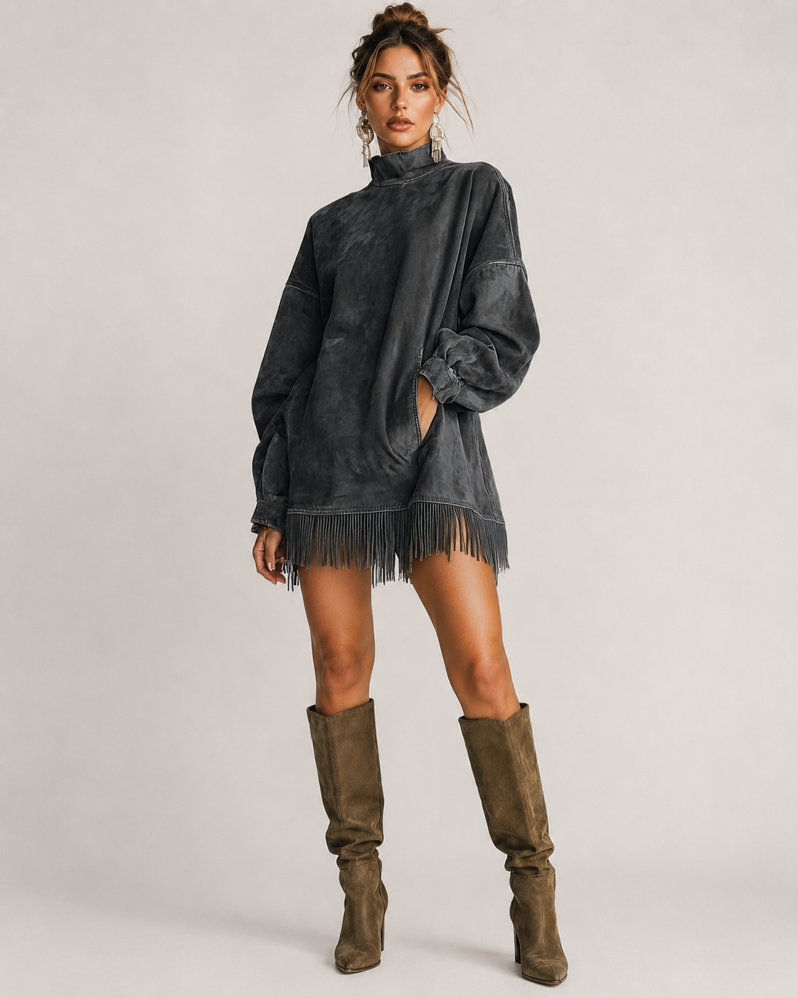 Women's Knit Sweater Mini Dress with Fringe Hem
