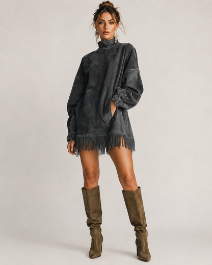 Women's Knit Sweater Mini Dress with Fringe Hem
