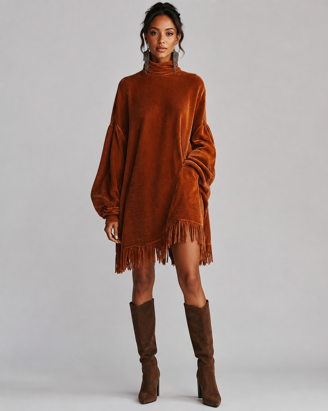 Women's Knit Turtleneck Sweater Dress with Fringe Hem
