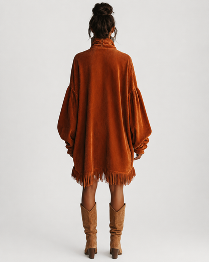 Women's Knit Turtleneck Sweater Dress with Fringe Hem