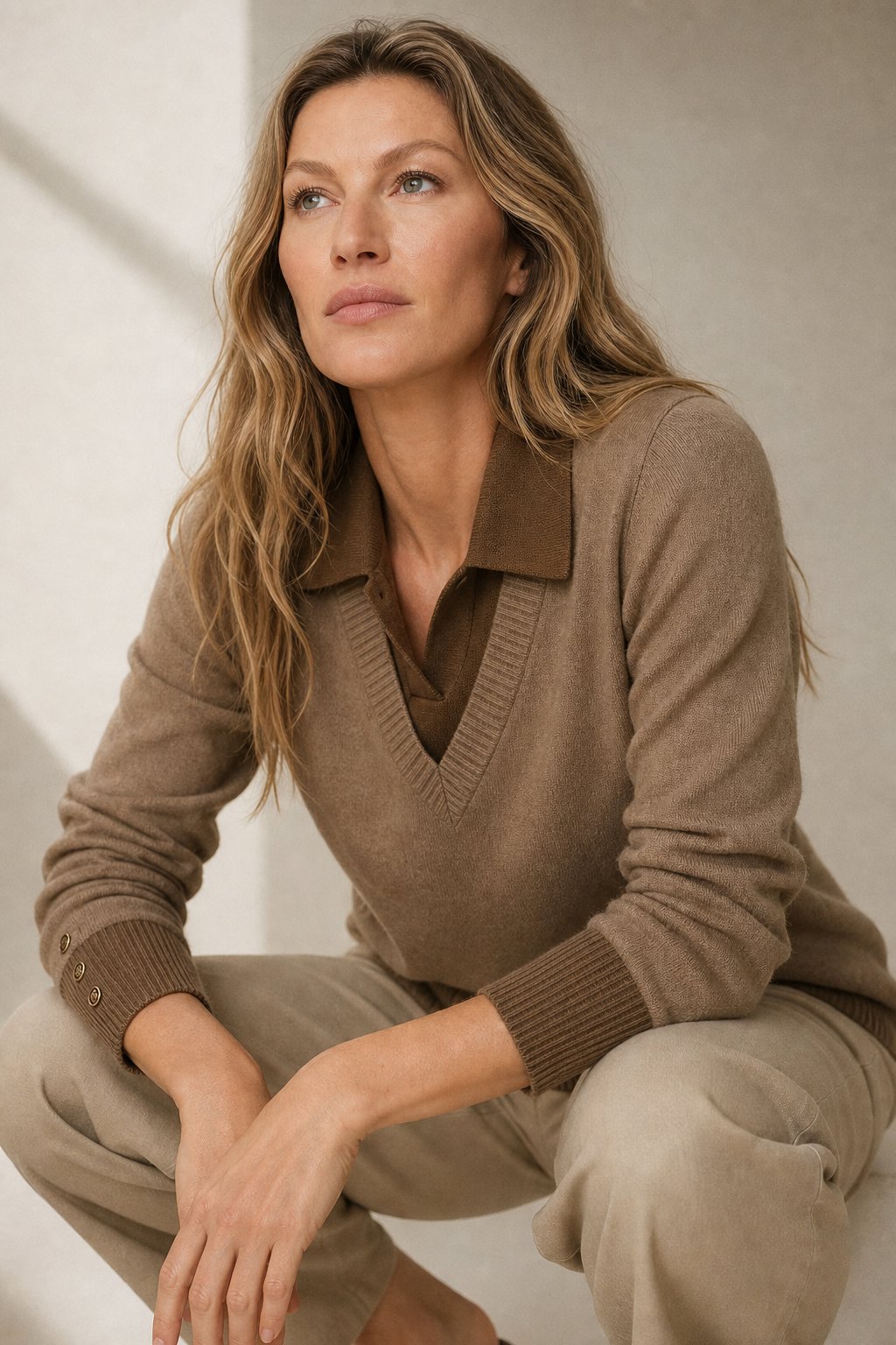 Women's Layered-Look Knit Pullover with Button Cuffs – Brown