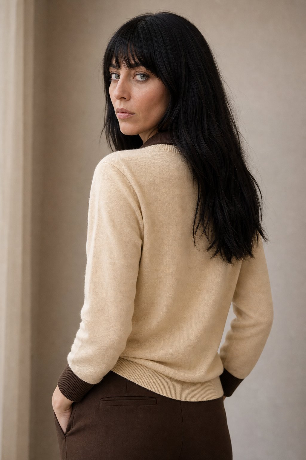 Women's Layered-Look Knit Pullover with Button Cuffs – Ivory