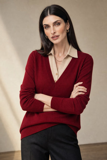 Women's Layered-Look Knit Pullover with Button Cuffs – Red