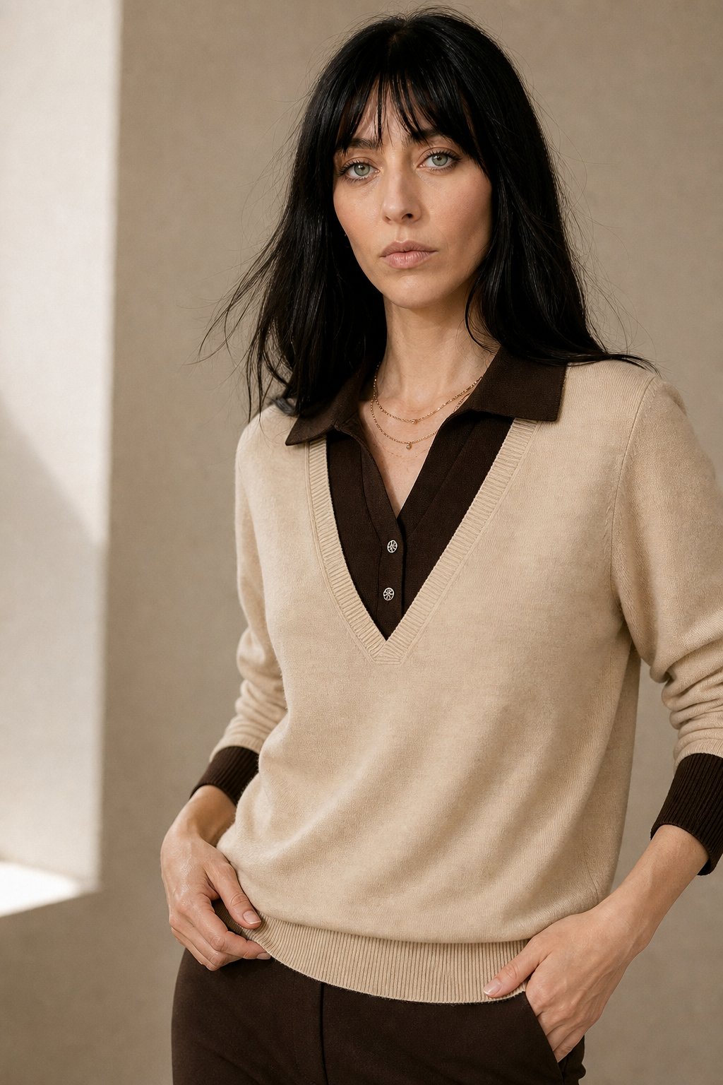 Women's Layered-Look Knit Pullover with Button Cuffs – Front view of layered-look knit pullover in sage green