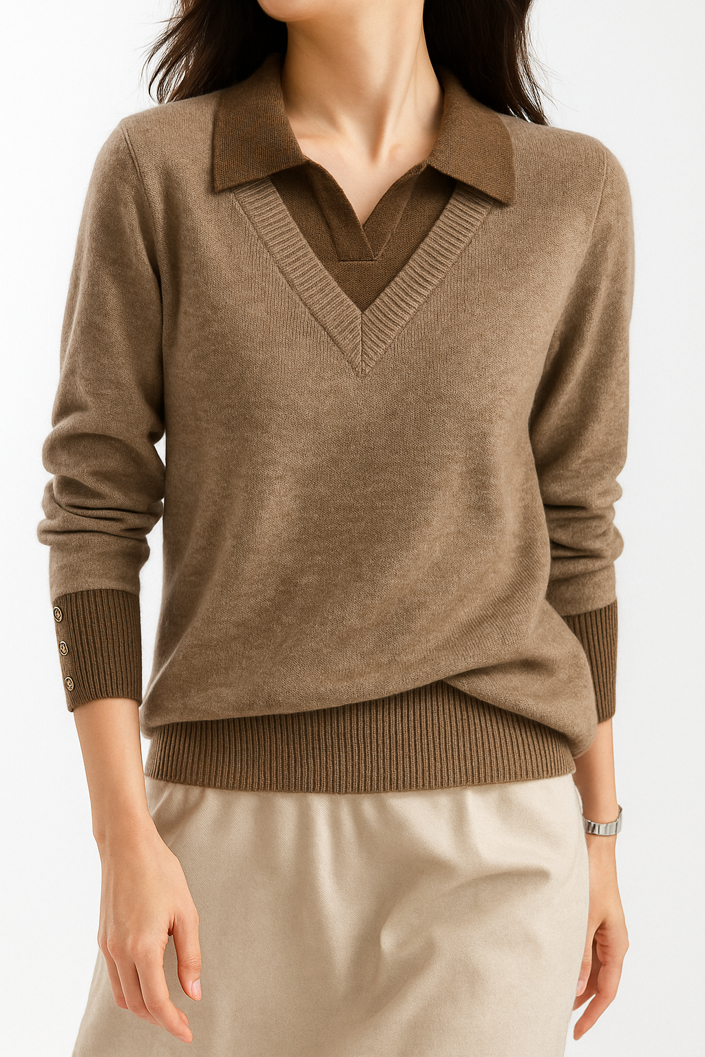 Women's Layered-Look Knit Pullover with Button Cuffs – Front view of knit pullover in black colorway