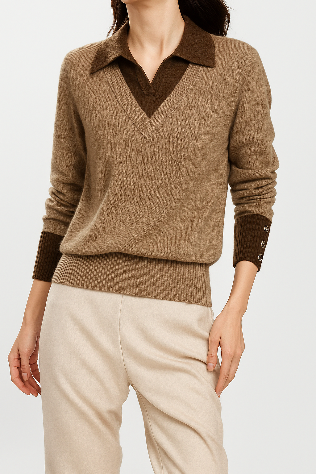 Women's Layered-Look Knit Pullover with Button Cuffs – Close-up of patchwork knit texture detail