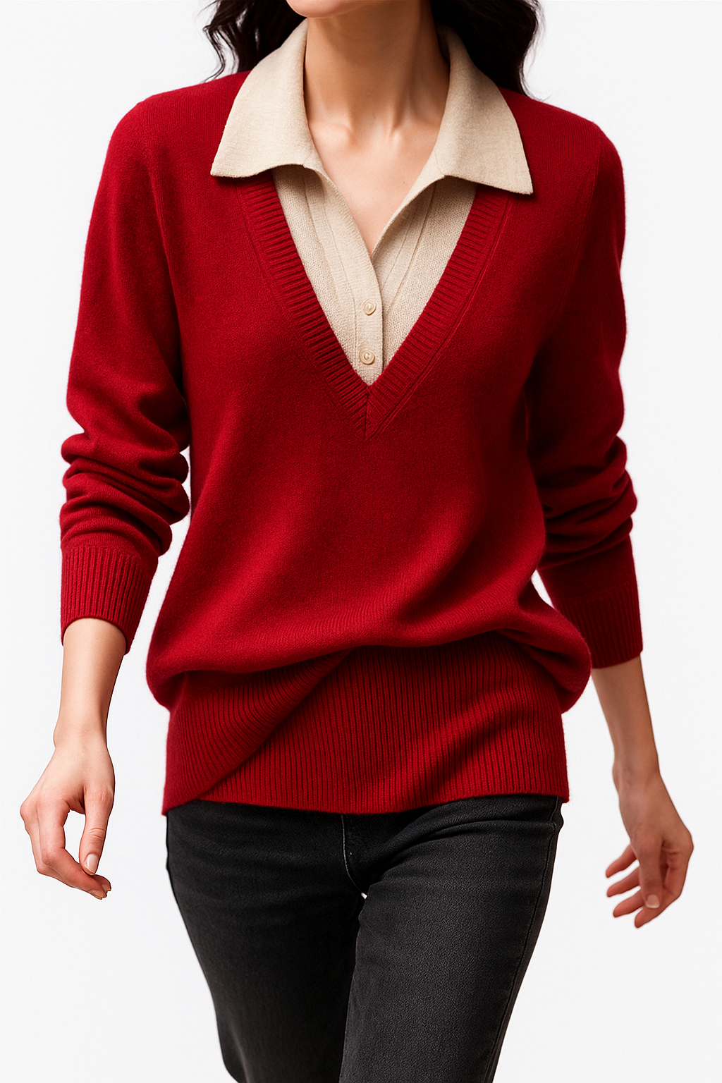 Women's Layered-Look Knit Pullover with Button Cuffs – Folded knit pullover showing color and texture