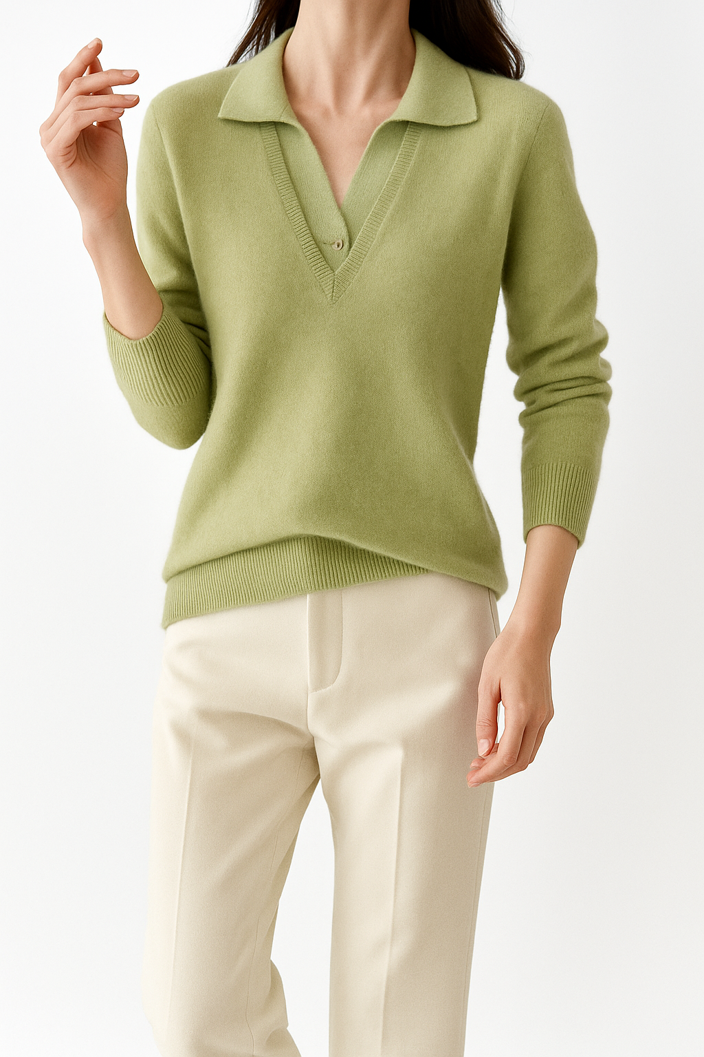 Women's Layered-Look Knit Pullover with Button Cuffs – Knit pullover laid flat showing full silhouette