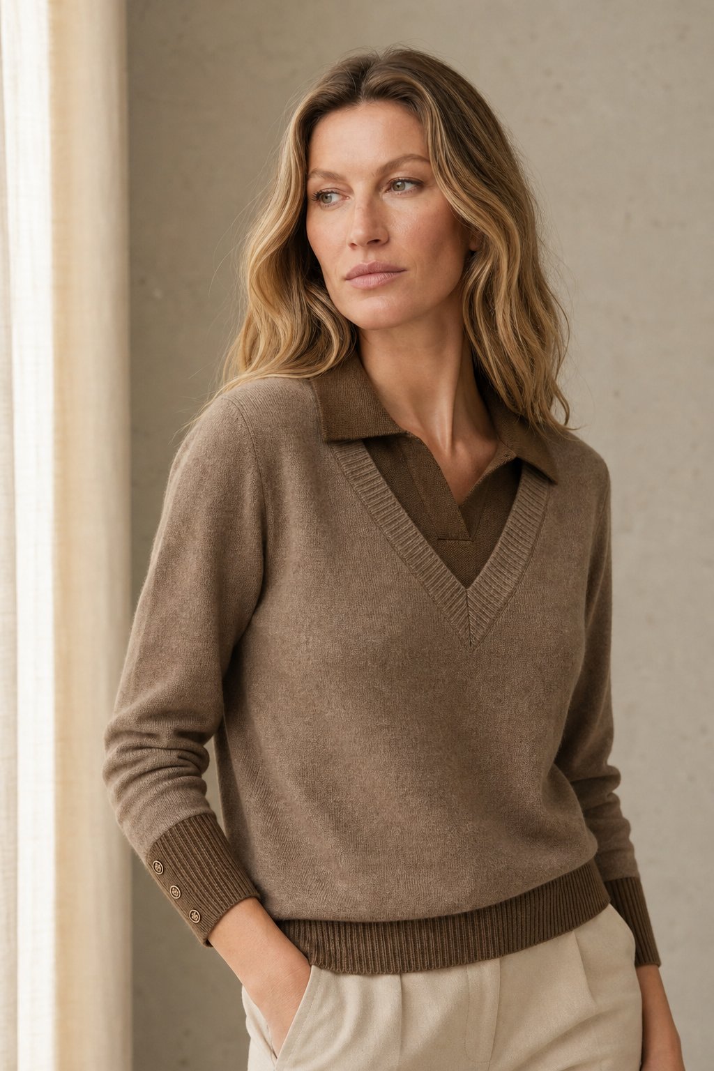 Women's Layered-Look Knit Pullover with Button Cuffs – Close-up of contrast button cuffs on knit pullover