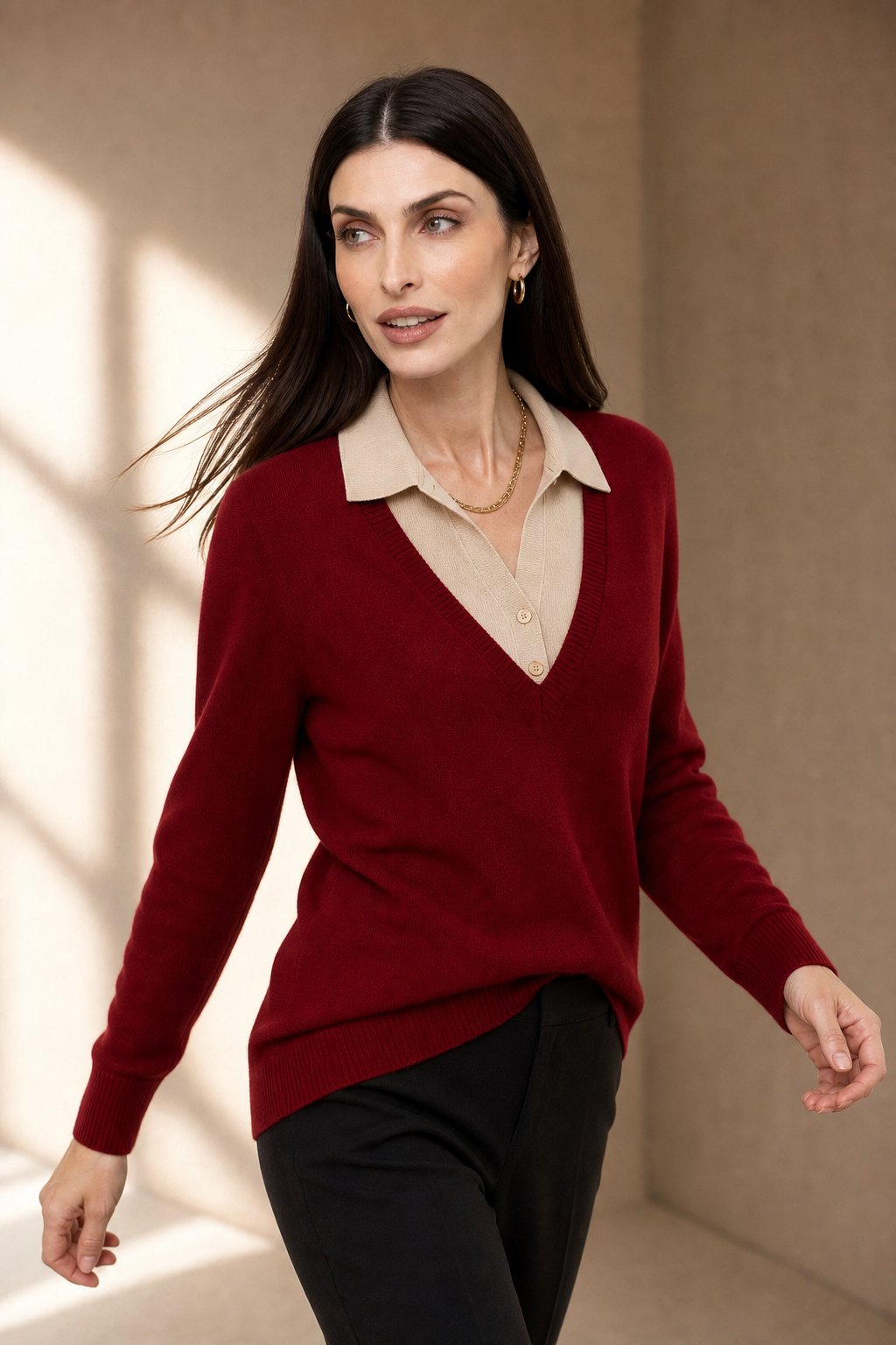 Women's Layered-Look Knit Pullover with Button Cuffs – Side view of knit pullover showing relaxed fit