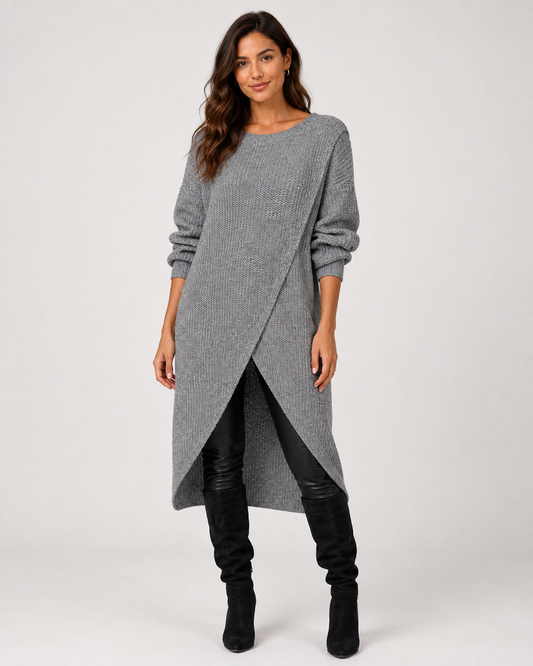 Women's Long-Sleeve Knit Sweater Dress with Wrap Hem