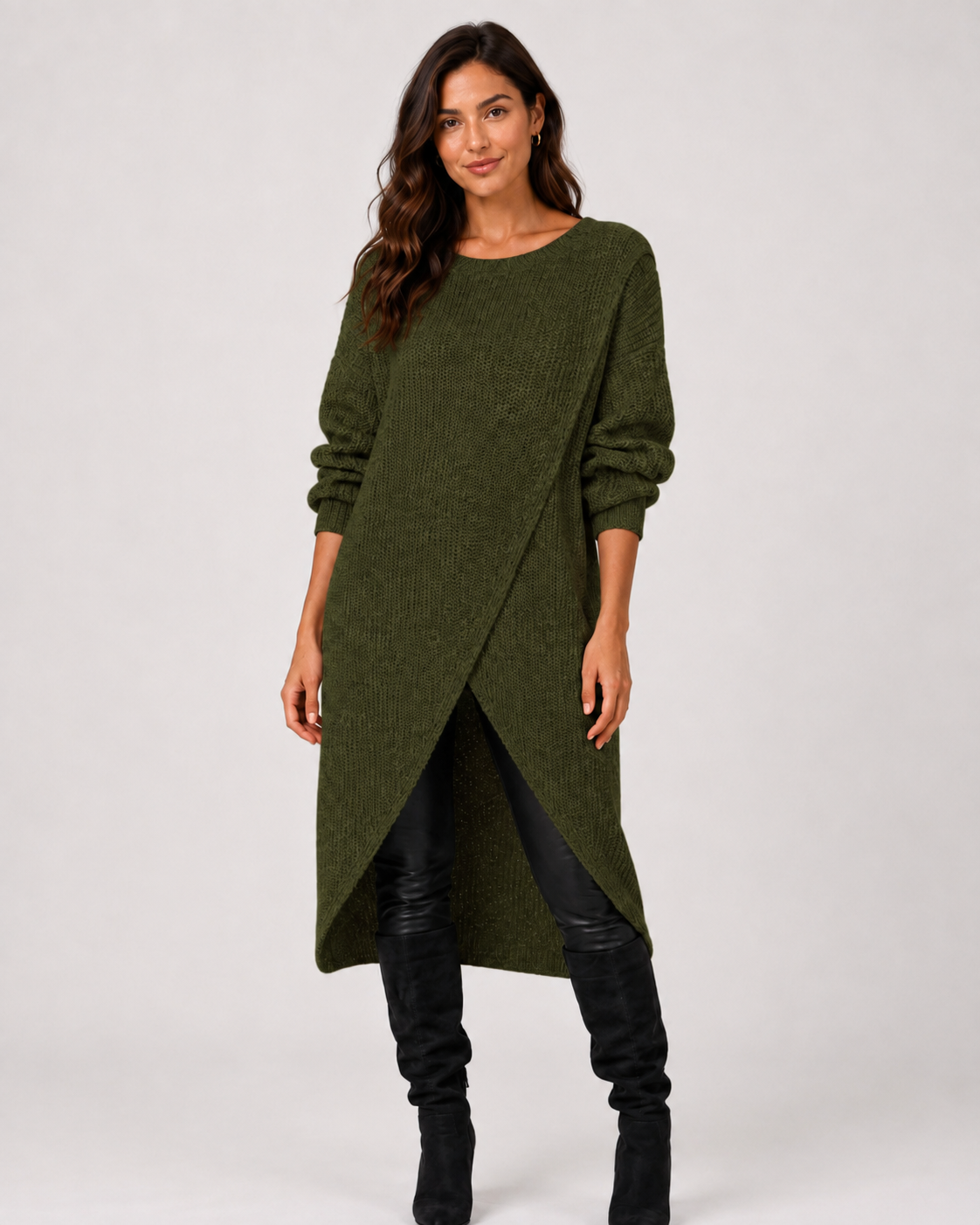 Women's Long-Sleeve Knit Sweater Dress with Wrap Hem