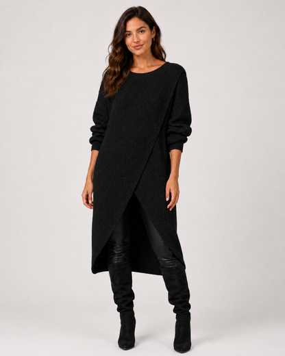 Women's Long-Sleeve Knit Sweater Dress with Wrap Hem