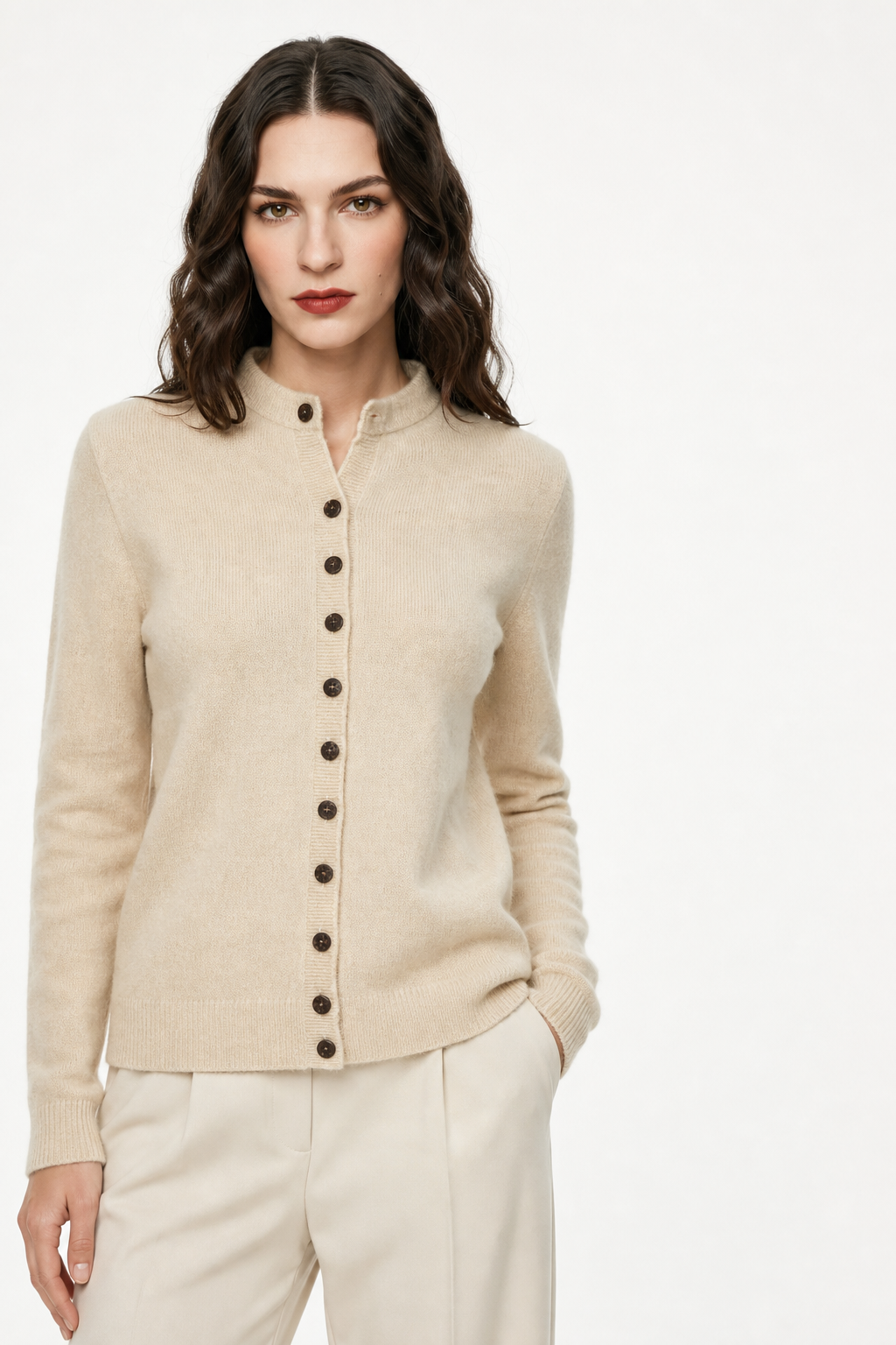 Women's Merino Wool Button-Up Knit Cardigan – Beige