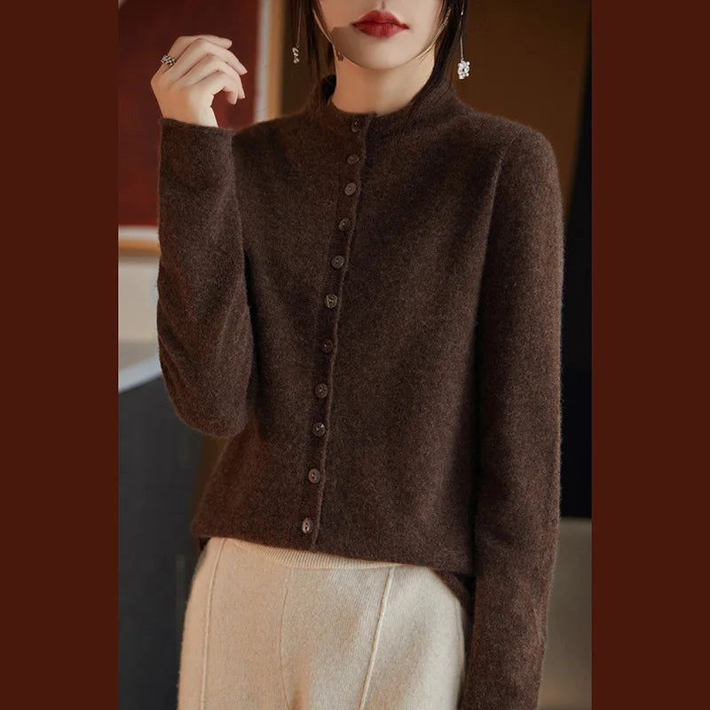Women's Merino Wool Button-Up Knit Cardigan – Back view of cardigan in beige