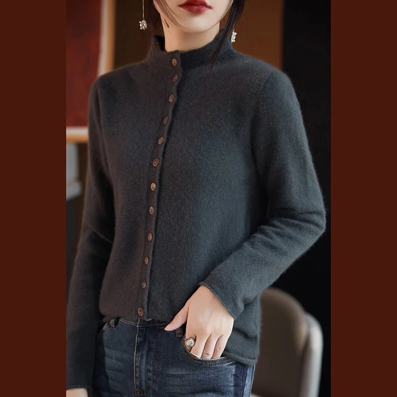 Women's Merino Wool Button-Up Knit Cardigan – Front view of cardigan in black