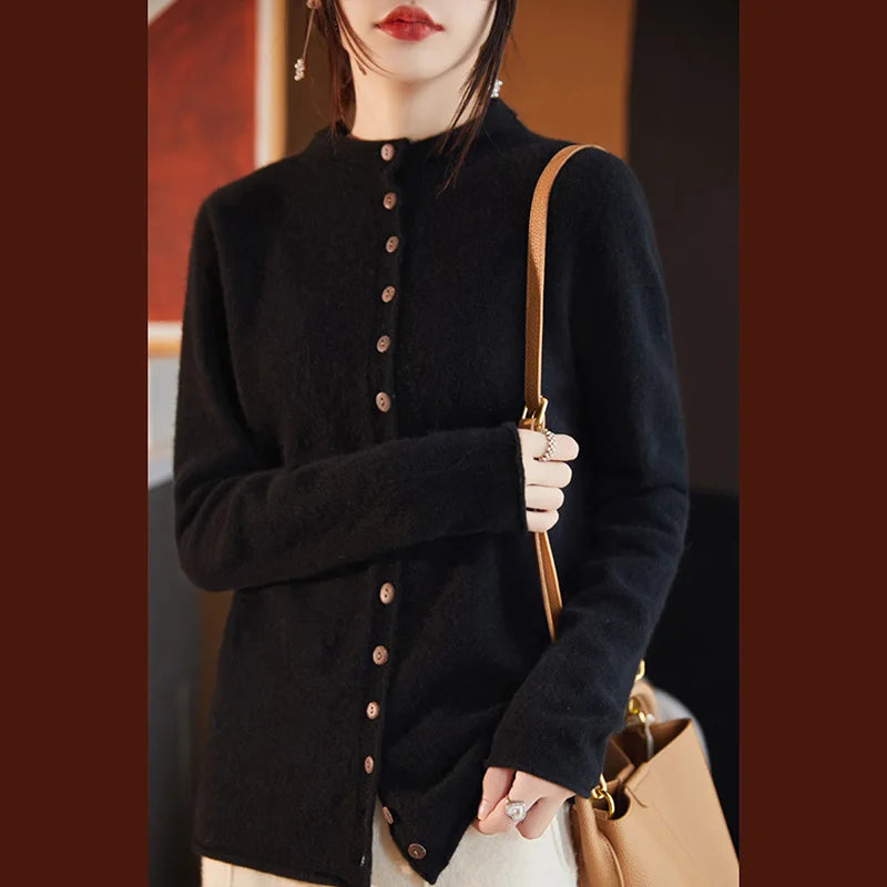 Women's Merino Wool Button-Up Knit Cardigan – Close-up of button detail in black