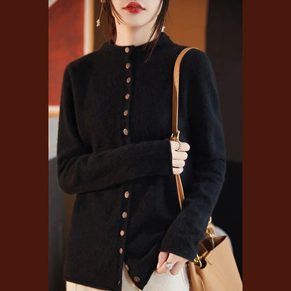 Women's Merino Wool Button-Up Knit Cardigan – Close-up of button detail in black