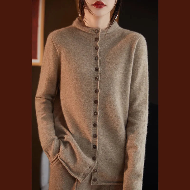 Women's Merino Wool Button-Up Knit Cardigan – Front view of cardigan in camel