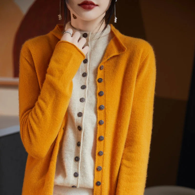 Women's Merino Wool Button-Up Knit Cardigan – Back view of cardigan in camel