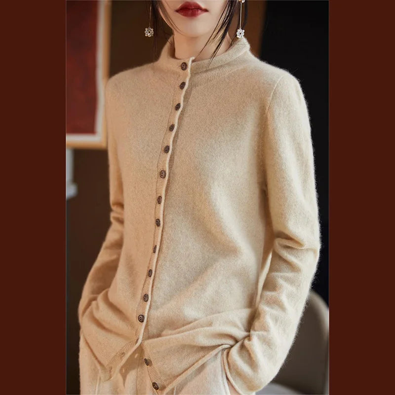 Women's Merino Wool Button-Up Knit Cardigan – Front view of cardigan in coffee brown