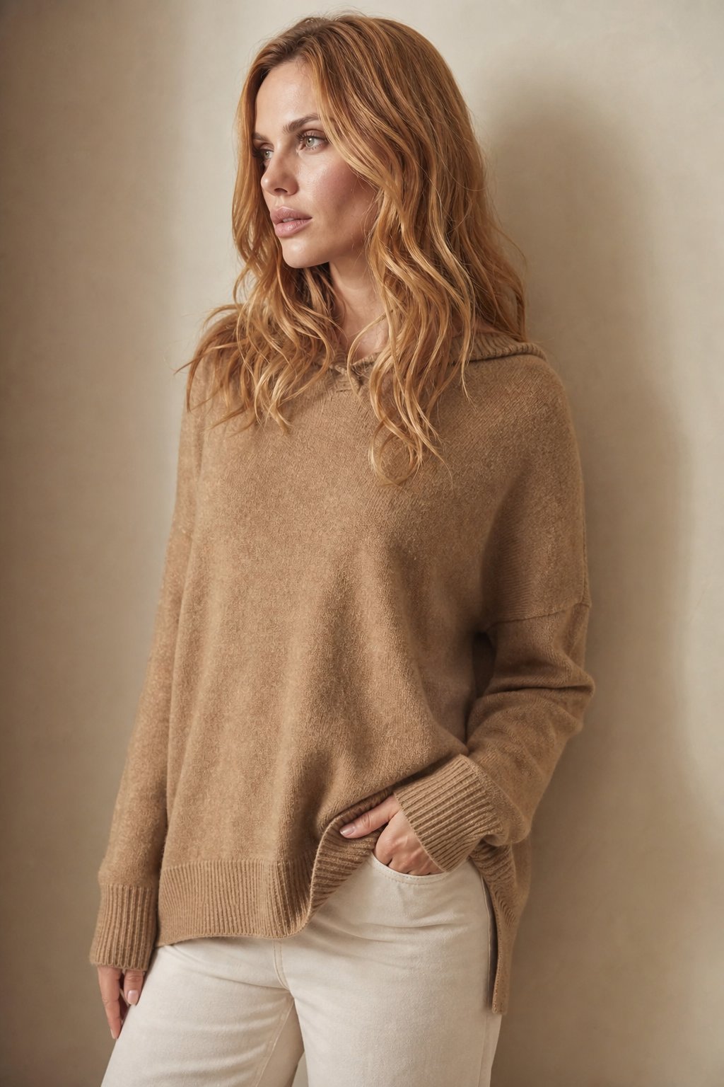 Women's Oversized Cashmere Turtleneck Knit Sweater – Camel