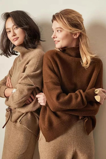 Women's Oversized Cashmere Turtleneck Knit Sweater – Full-length back view of camel cashmere turtleneck sweater