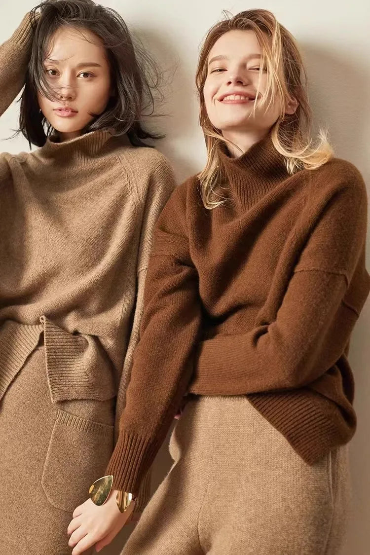 Women's Oversized Cashmere Turtleneck Knit Sweater – Flat lay of all three cashmere turtleneck color options