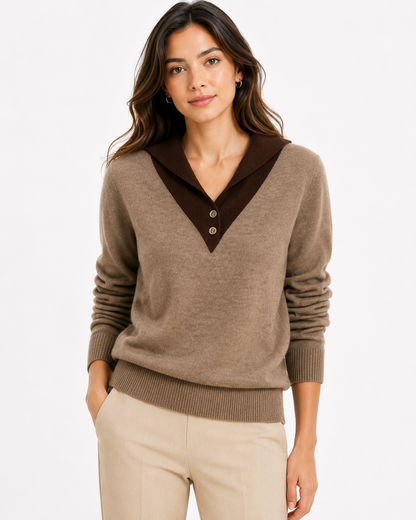 Women's Patchwork V-Neck Merino Wool Pullover Sweater